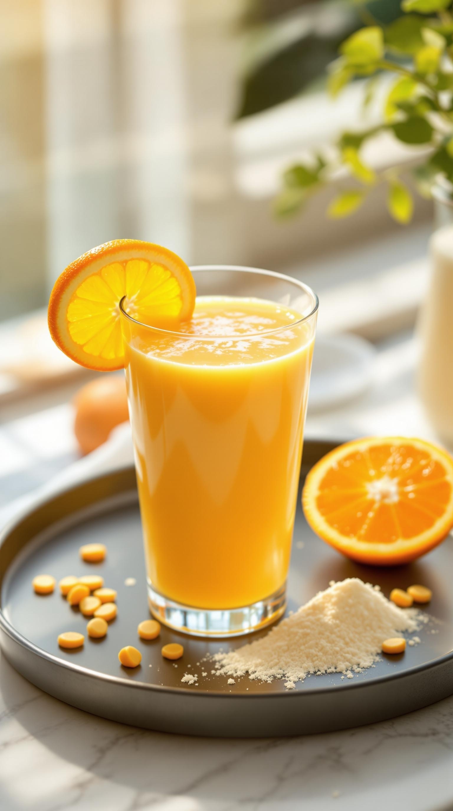 A refreshing orange smoothie with collagen powder and orange slices.