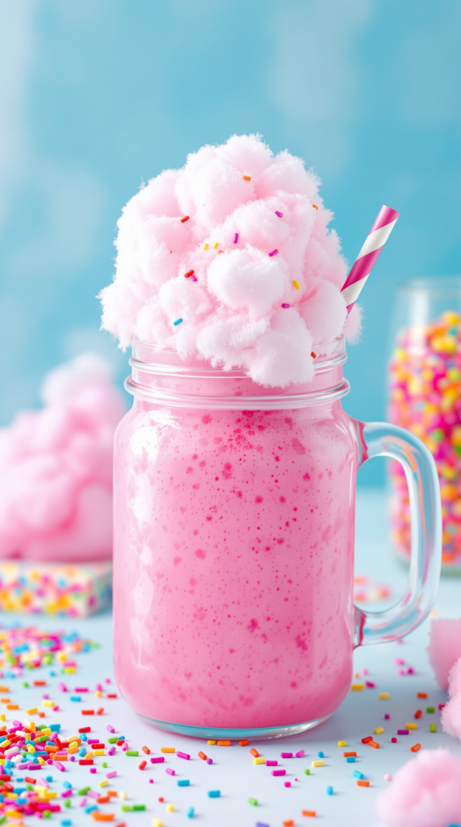 A colorful mocktail topped with cotton candy and sprinkles