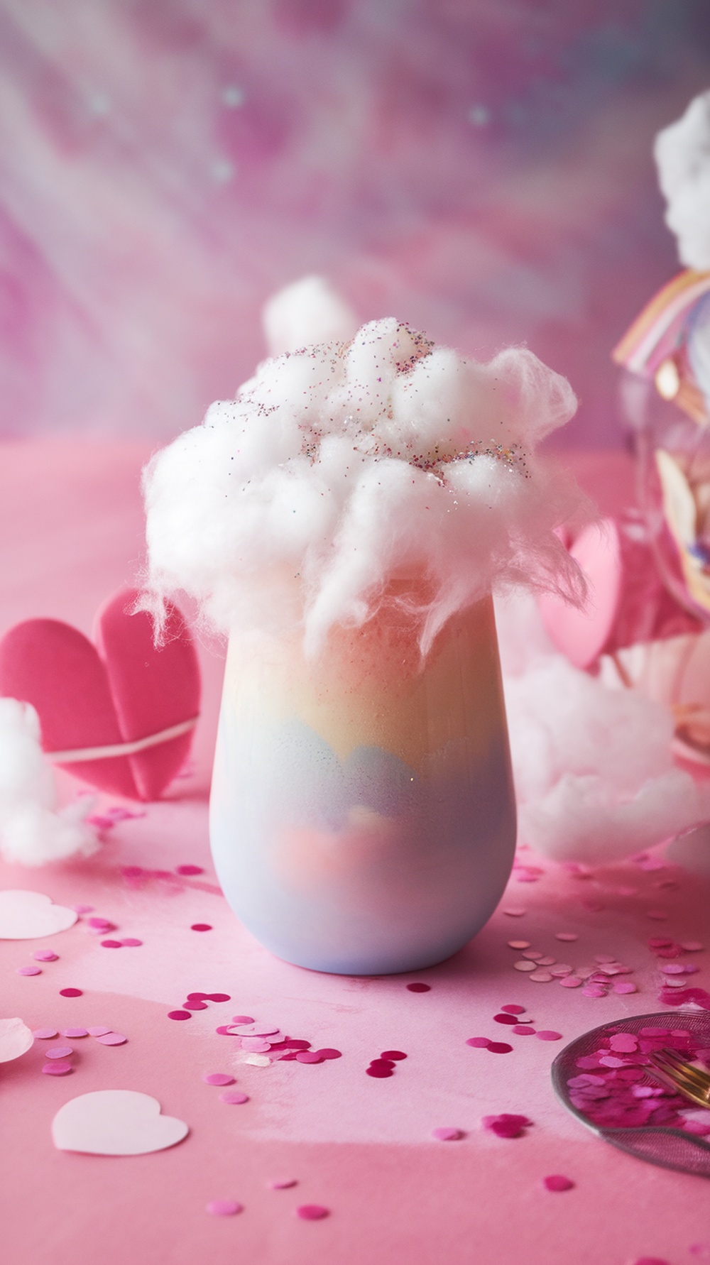 A colorful mocktail topped with cotton candy, surrounded by pink decorations.