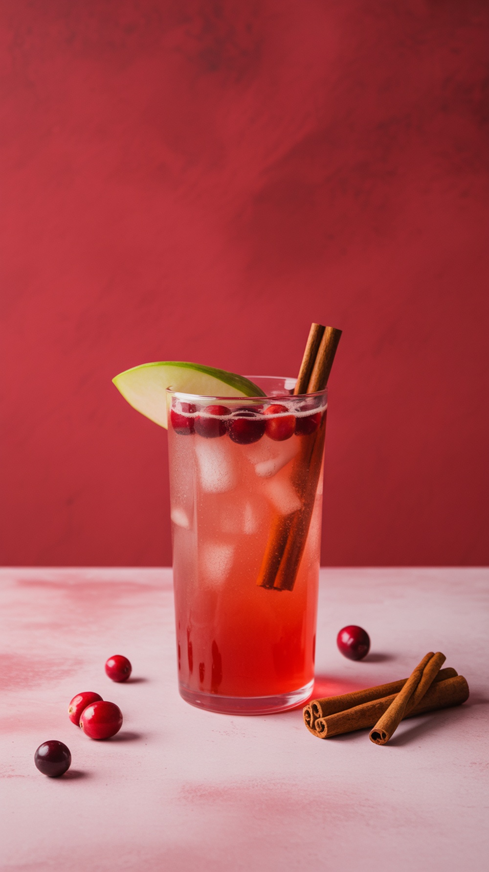 A refreshing Cran-Apple Cinnamon Mocktail garnished with apple slices and cinnamon sticks.