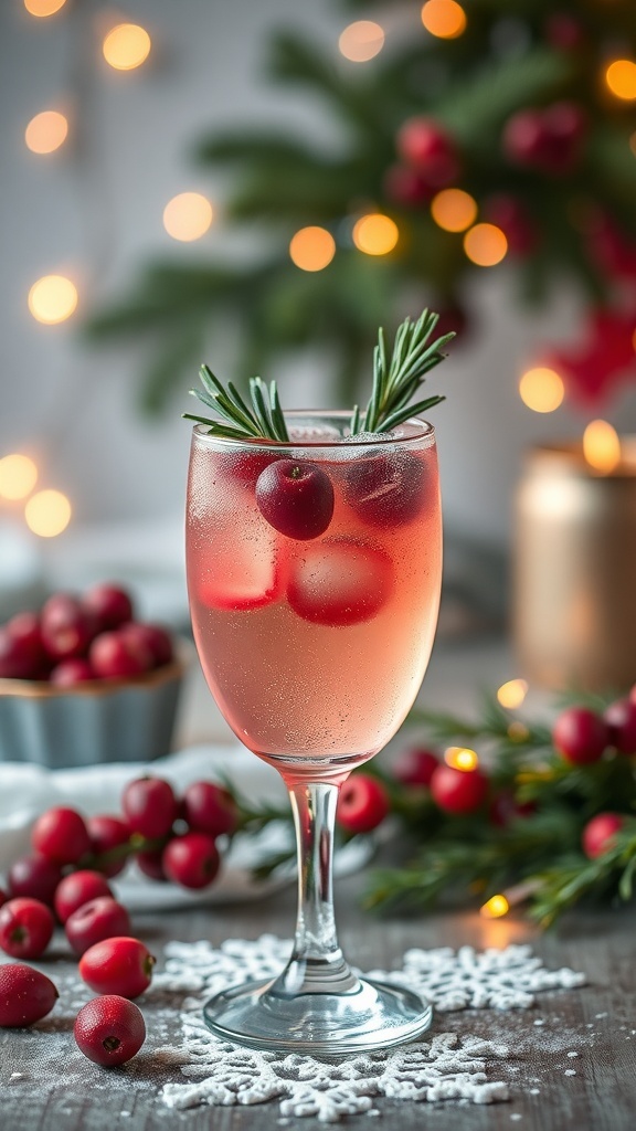 A festive cranberry almond sparkler mocktail garnished with cranberries and rosemary.