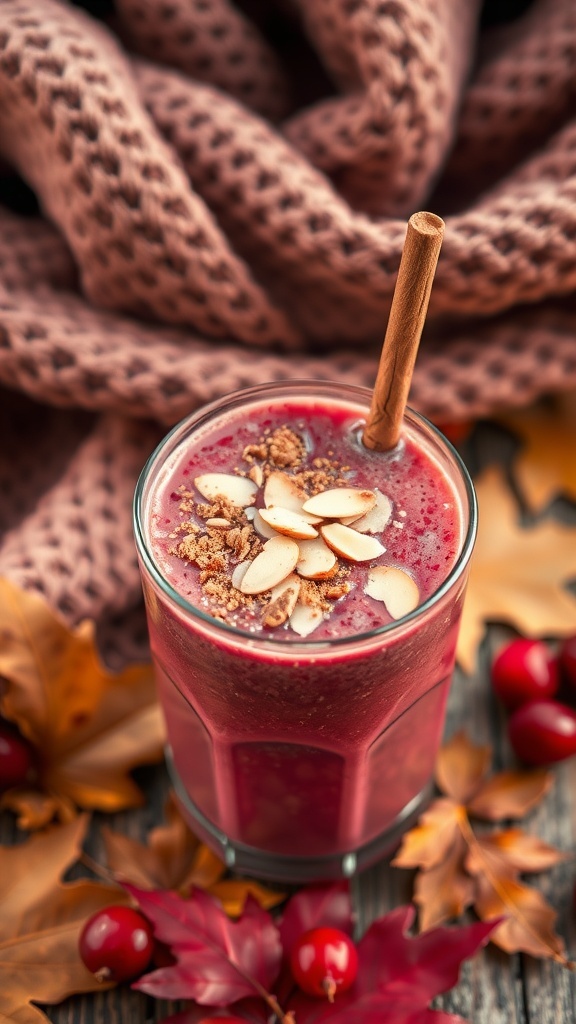 A cranberry almond spice smoothie topped with sliced almonds and a cinnamon stick, surrounded by autumn leaves.