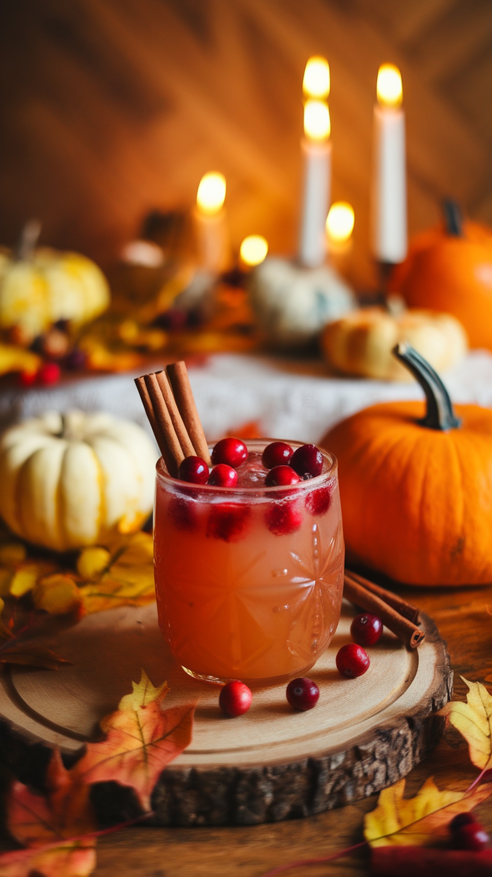 A cranberry apple cider mocktail garnished with cinnamon sticks and cranberries, surrounded by autumn leaves and pumpkins.