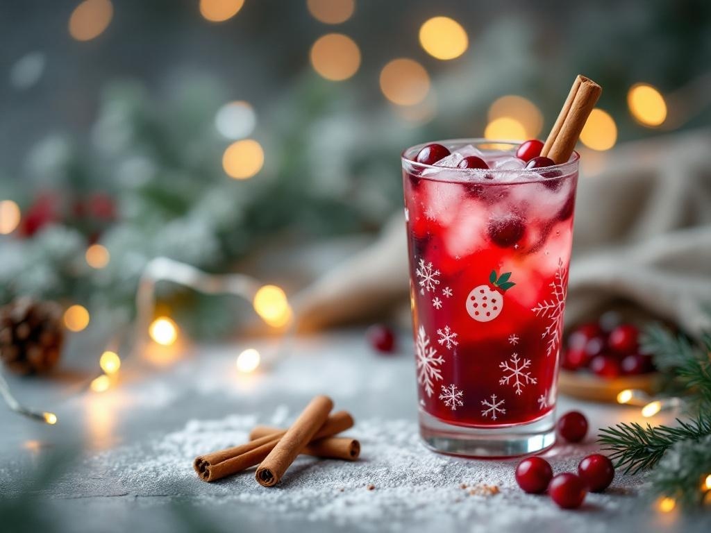 A festive cranberry cinnamon mocktail with ice, garnished with cinnamon sticks and cranberries.