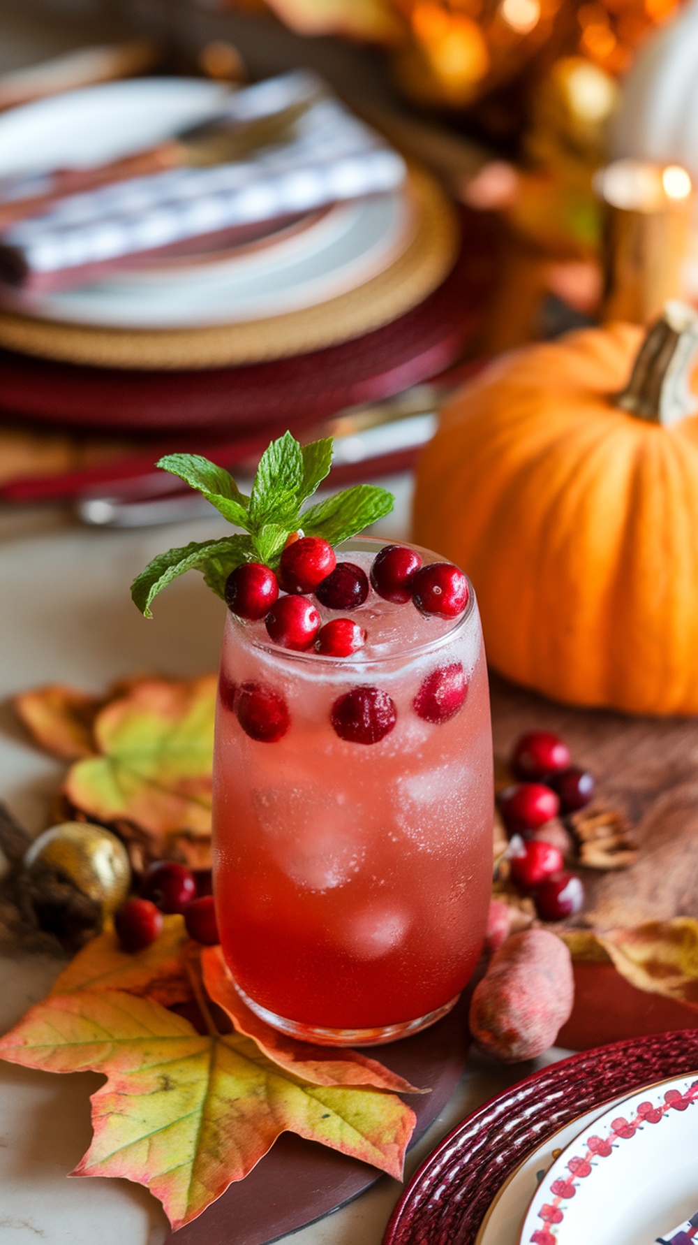 A refreshing cranberry ginger sparkler mocktail garnished with mint and cranberries, set against a festive autumn backdrop.