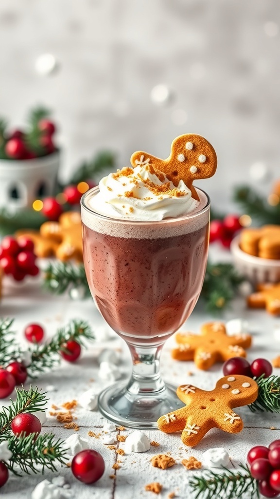 A festive cranberry gingerbread smoothie topped with whipped cream and a gingerbread cookie.