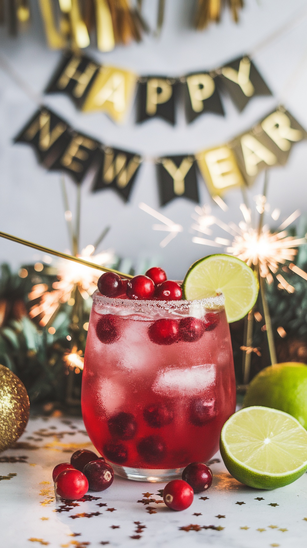 A festive cranberry lime mocktail garnished with lime and cranberries, celebrating New Year's Eve.