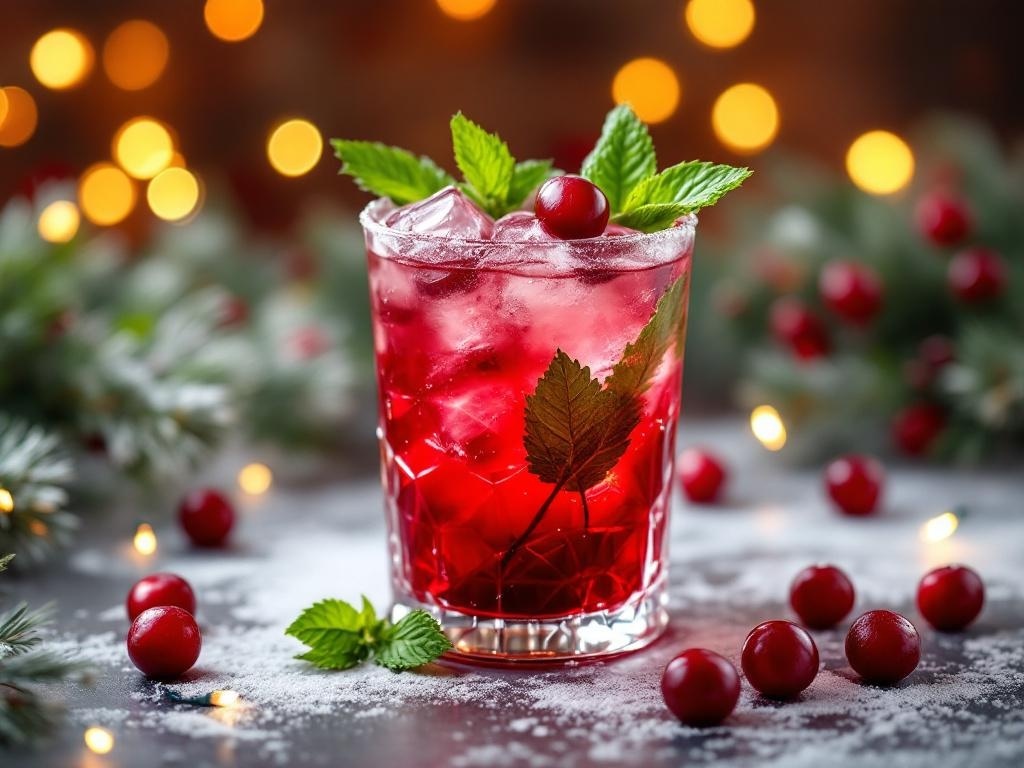A refreshing cranberry mint cooler mocktail garnished with mint leaves and cranberries.