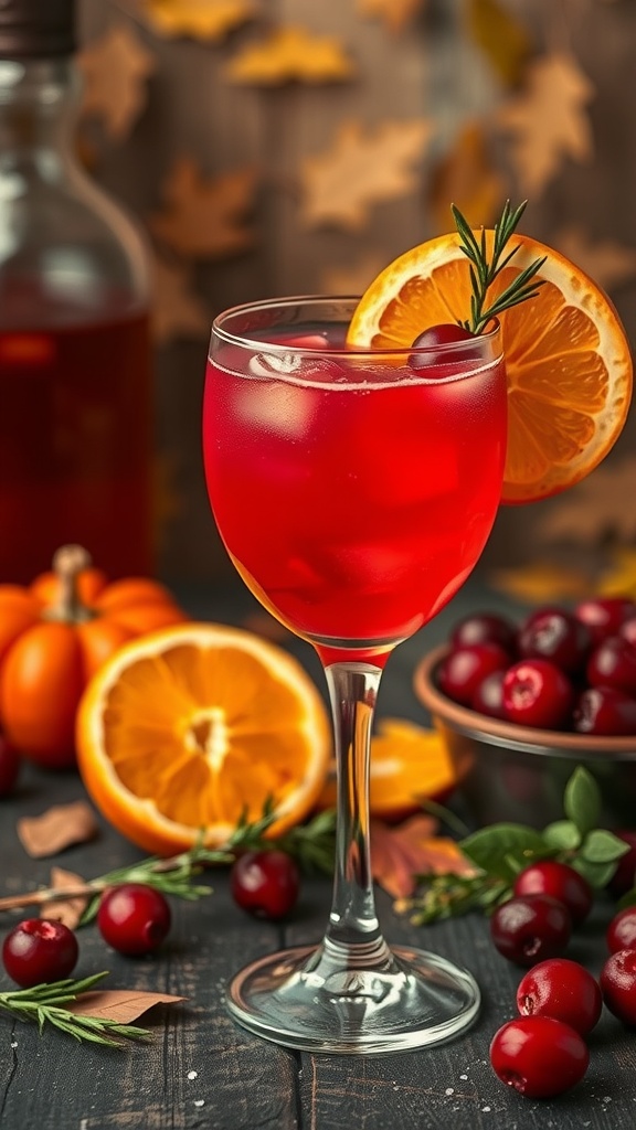 A vibrant cranberry orange mocktail garnished with an orange slice and rosemary, surrounded by fresh cranberries and oranges.
