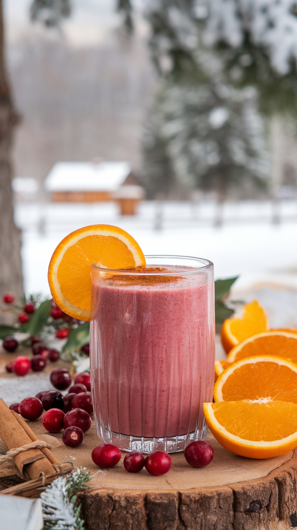 A glass of cranberry orange spice smoothie with orange slices and cranberries on a wooden surface.