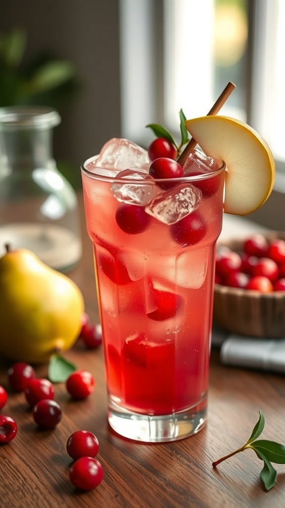 A refreshing cranberry pear mocktail served in a tall glass with ice, garnished with a slice of pear and fresh cranberries.