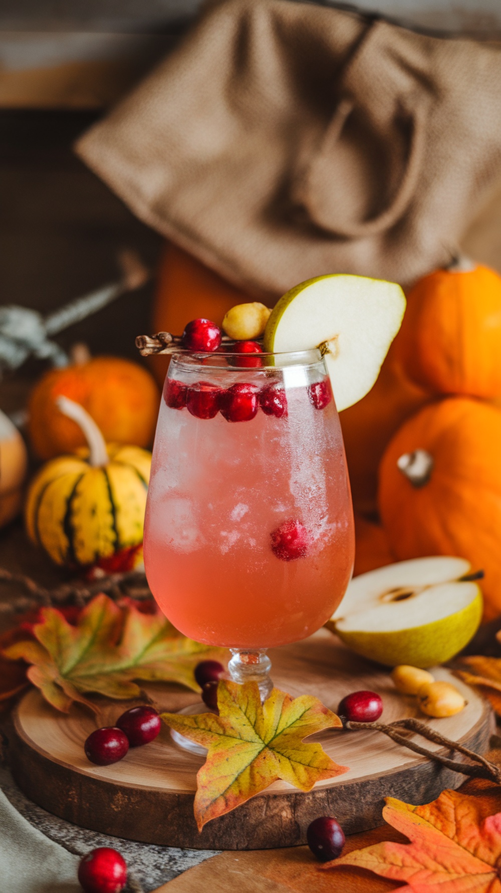 A refreshing cranberry pear spritz mocktail garnished with cranberries and a slice of pear, surrounded by autumn leaves and pumpkins.