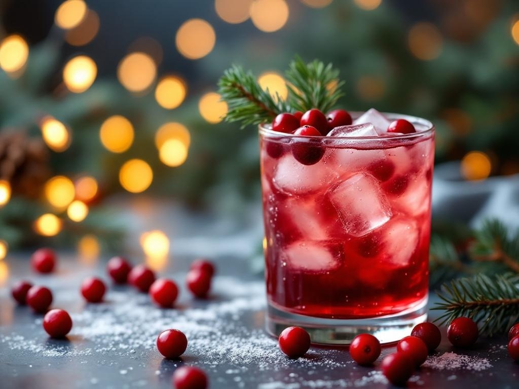 A glass of cranberry pine mocktail with ice and cranberries, surrounded by festive decorations.