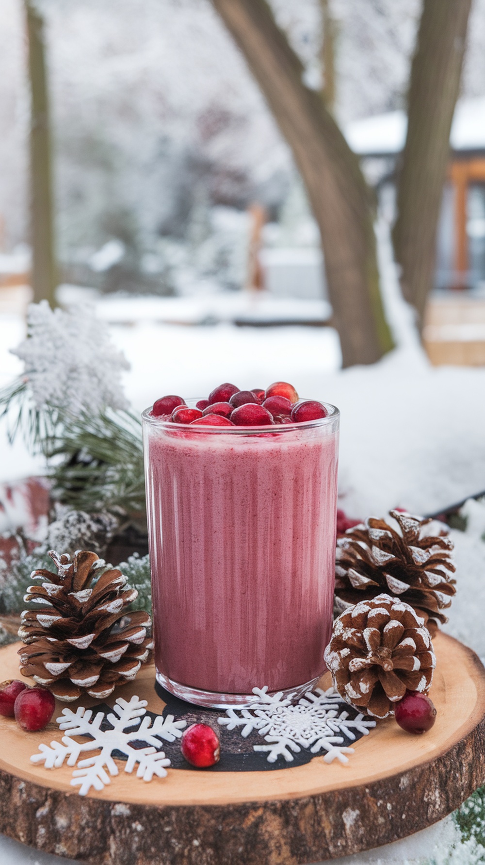 A glass of cranberry pomegranate smoothie surrounded by pinecones and snowflakes.