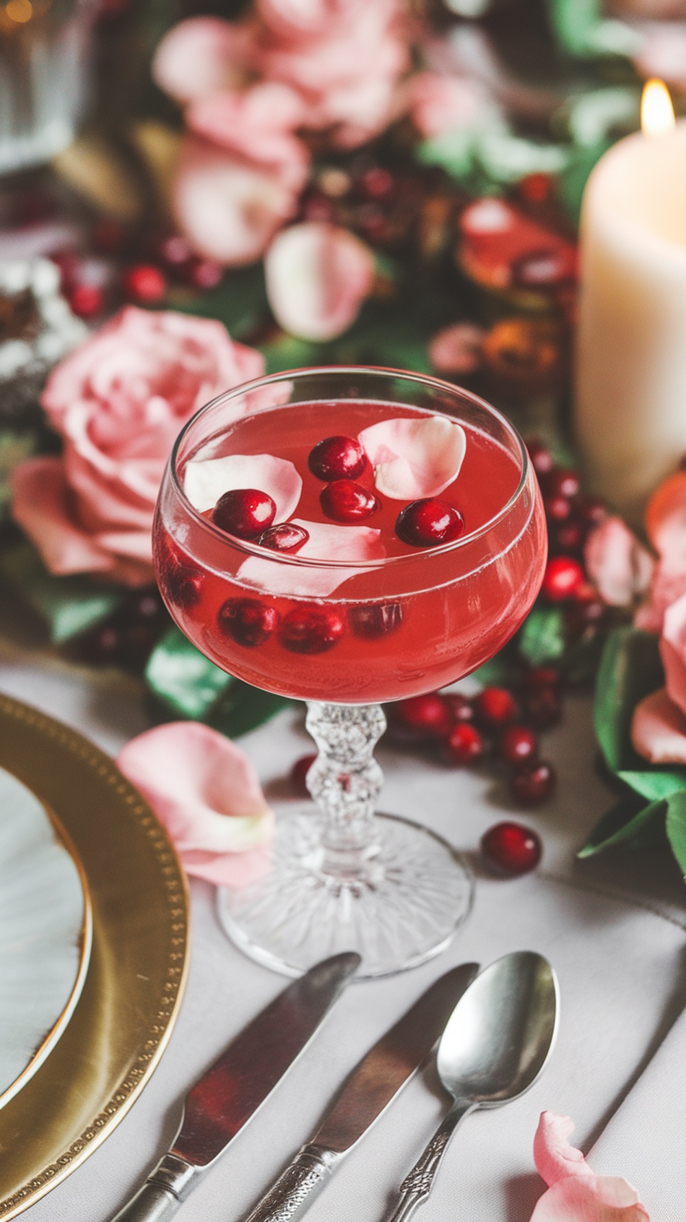 A beautiful cranberry rose petal mocktail garnished with cranberries and rose petals.