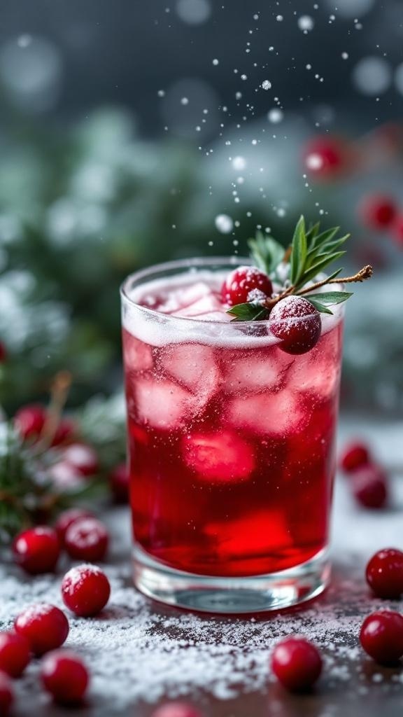 A vibrant cranberry sparkle mocktail in a glass, garnished with cranberries and greenery, surrounded by fresh cranberries.