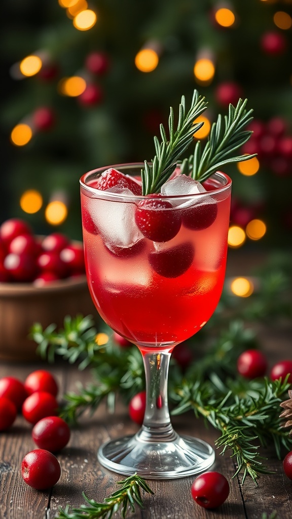 A vibrant cranberry sprig mocktail garnished with rosemary and cranberries, set against a festive background.