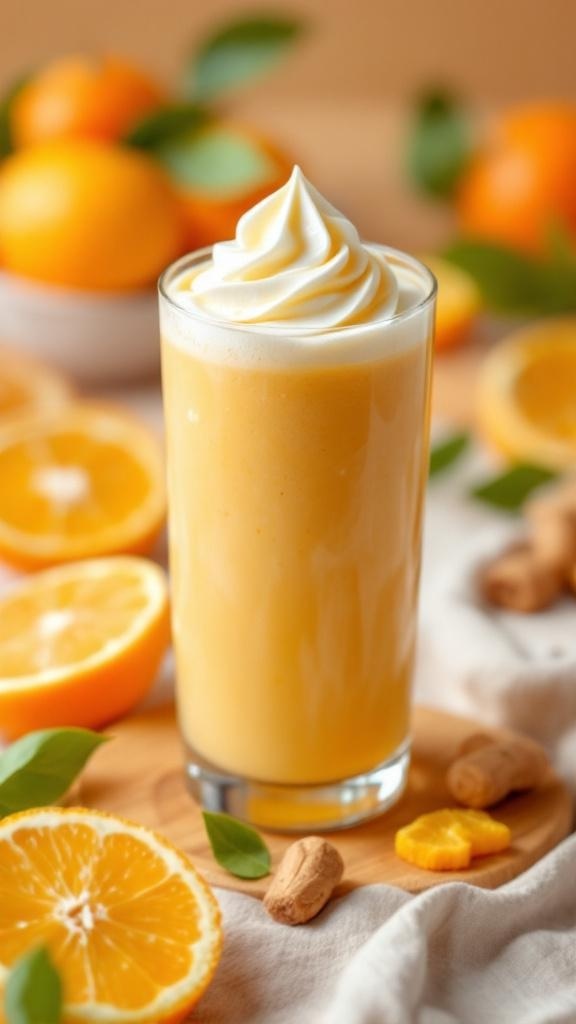 A creamy orange smoothie topped with whipped cream, surrounded by fresh oranges.