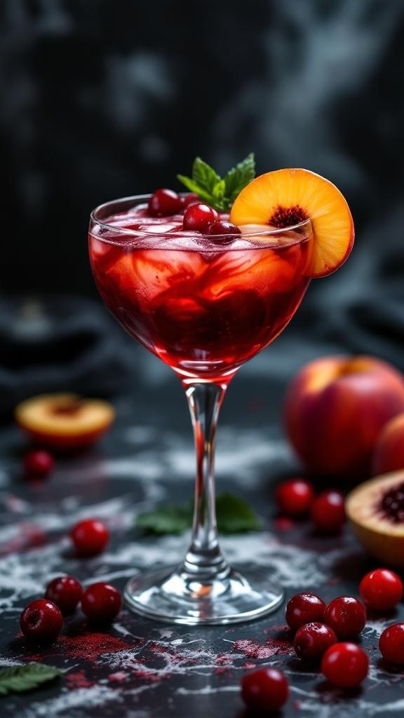 A spooky cranberry and peach mocktail garnished with mint and fruit.