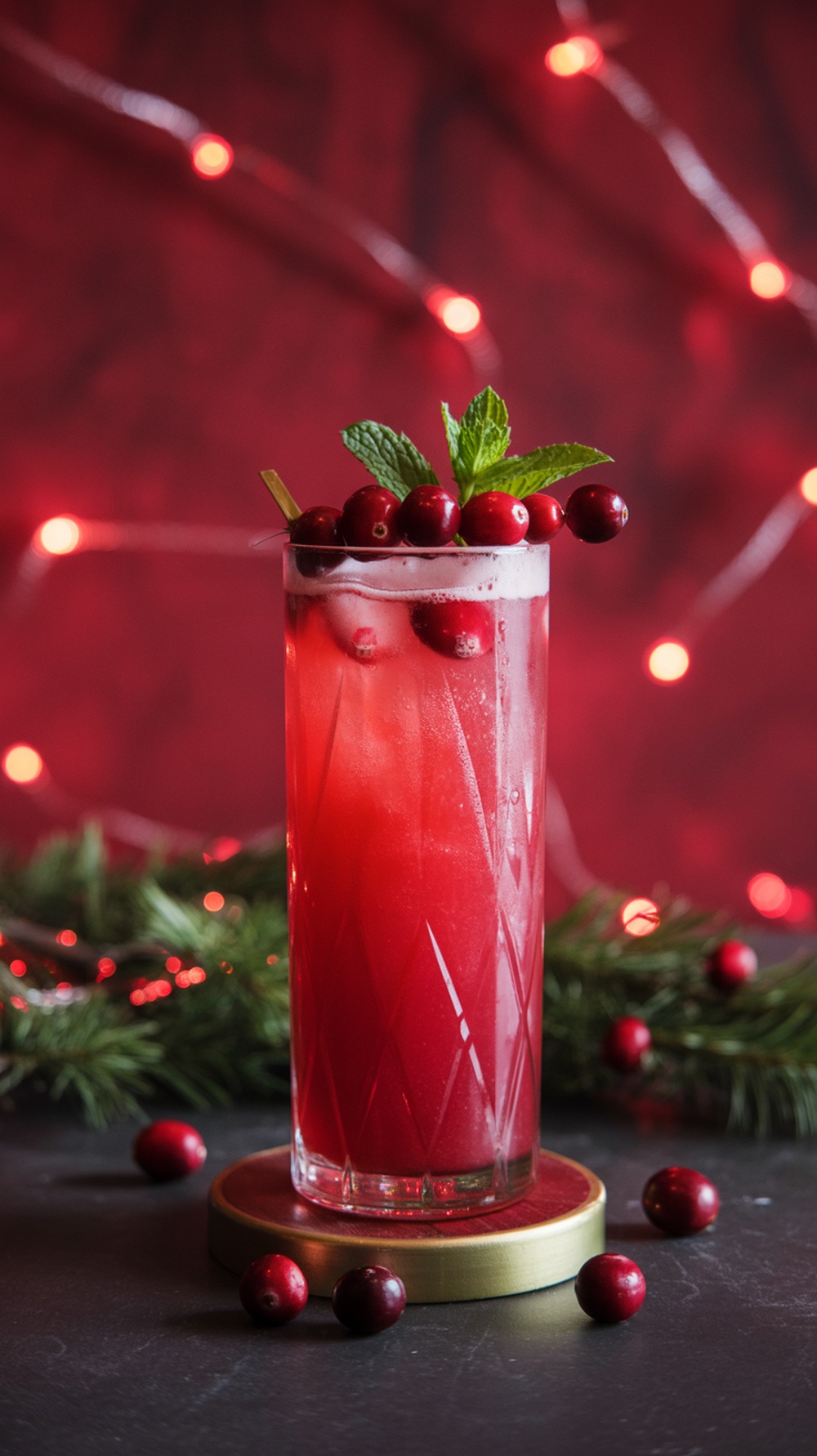 A vibrant crimson cranberry mocktail garnished with mint and cranberries, set against a festive background.