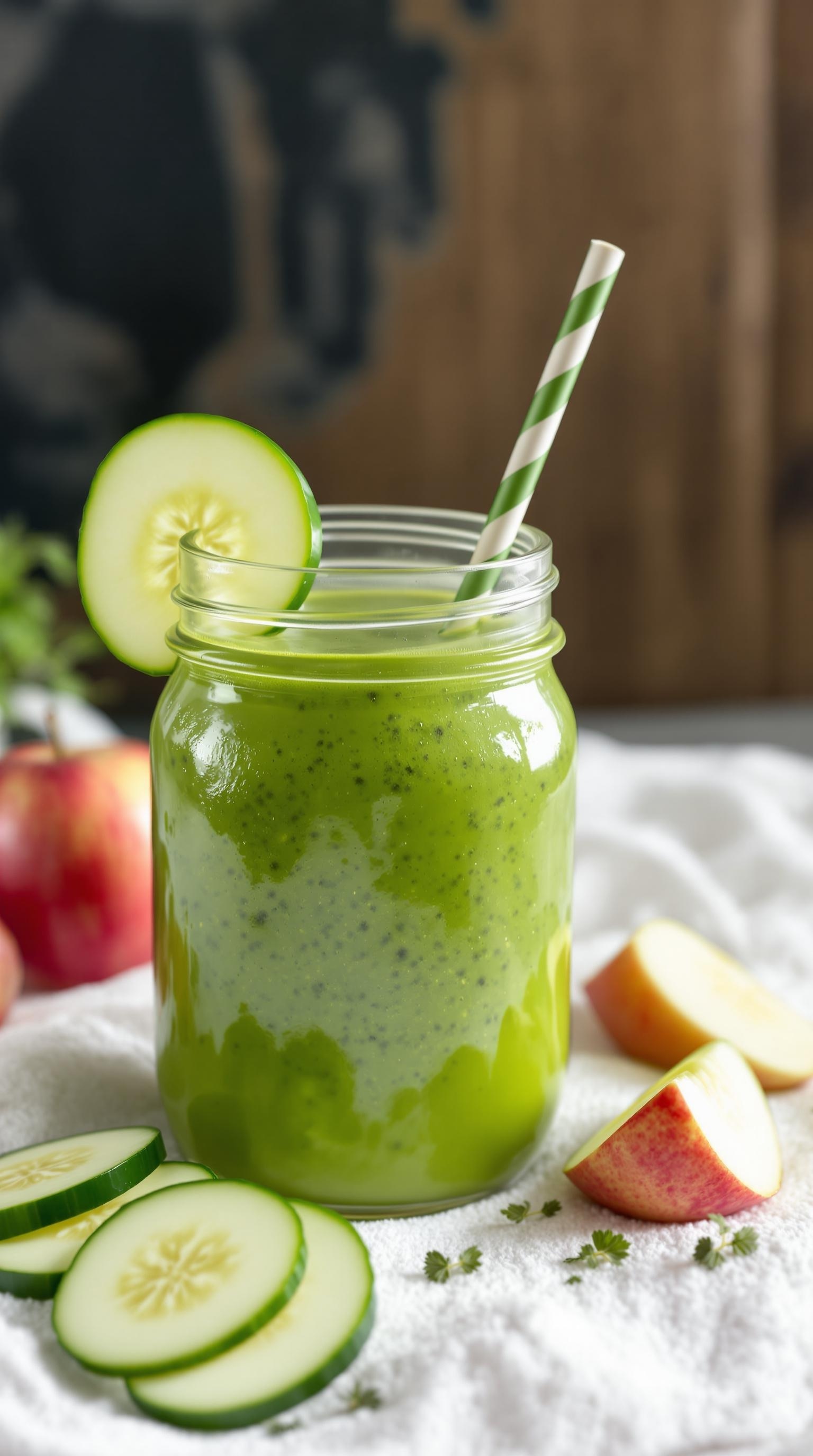 A refreshing cucumber apple smoothie in a jar with slices of cucumber and apple beside it.