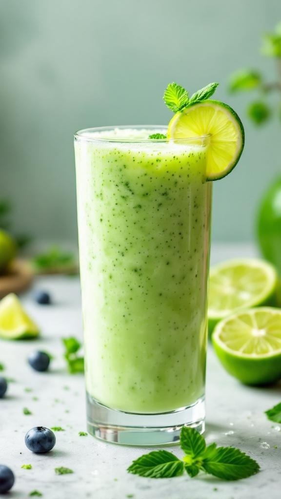 A refreshing cucumber lime smoothie garnished with a lime slice and mint leaves.