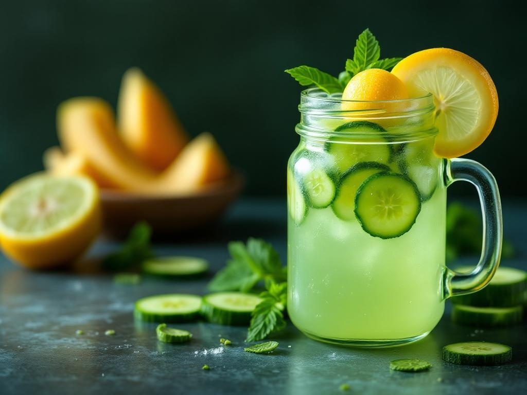 A refreshing cucumber melon lemonade mocktail in a glass with cucumber slices and lemon garnishes.