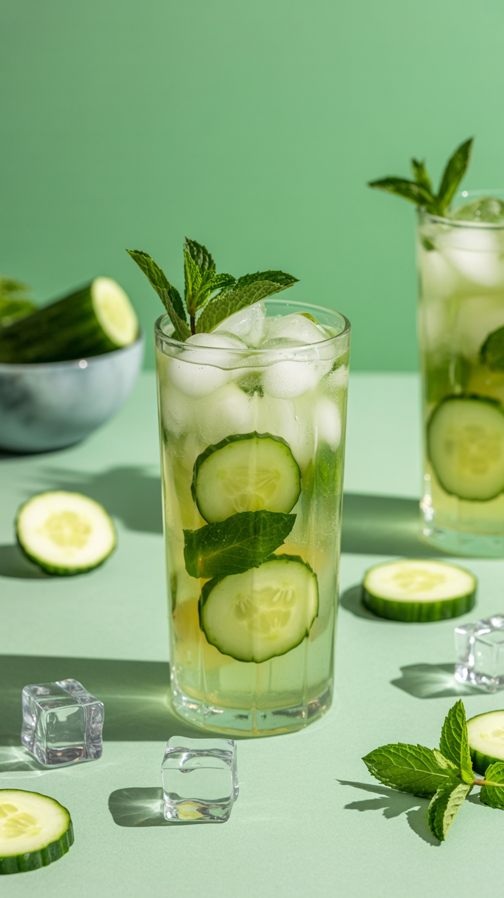 A refreshing cucumber mint cooler mocktail with ice and mint leaves.