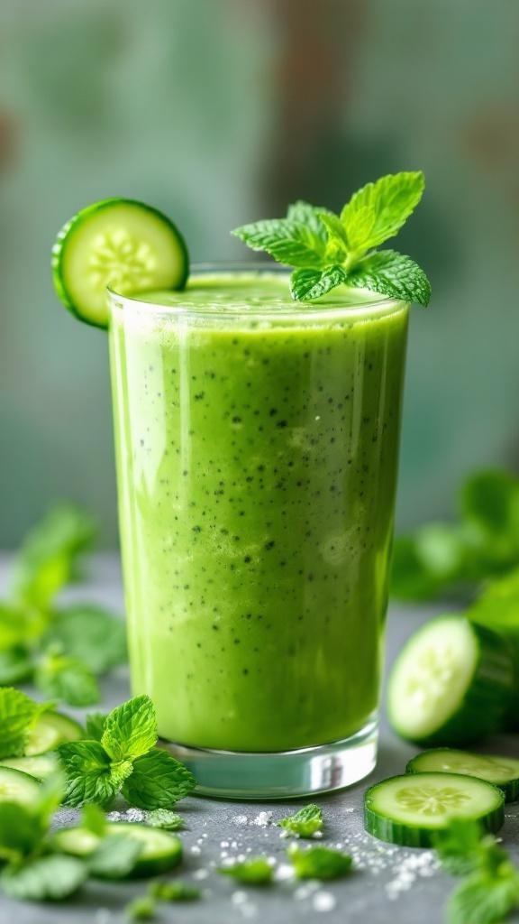 A refreshing cucumber mint smoothie in a glass, garnished with mint leaves and cucumber slices.