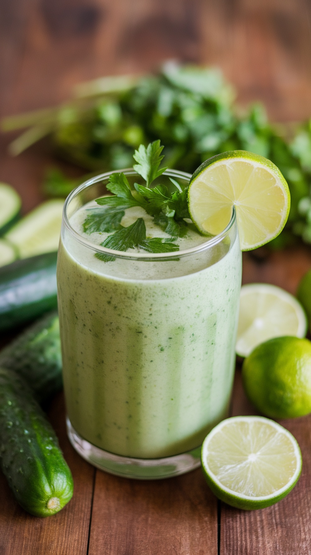 A refreshing cucumber parsley lime smoothie in a glass, garnished with a lime slice and parsley.