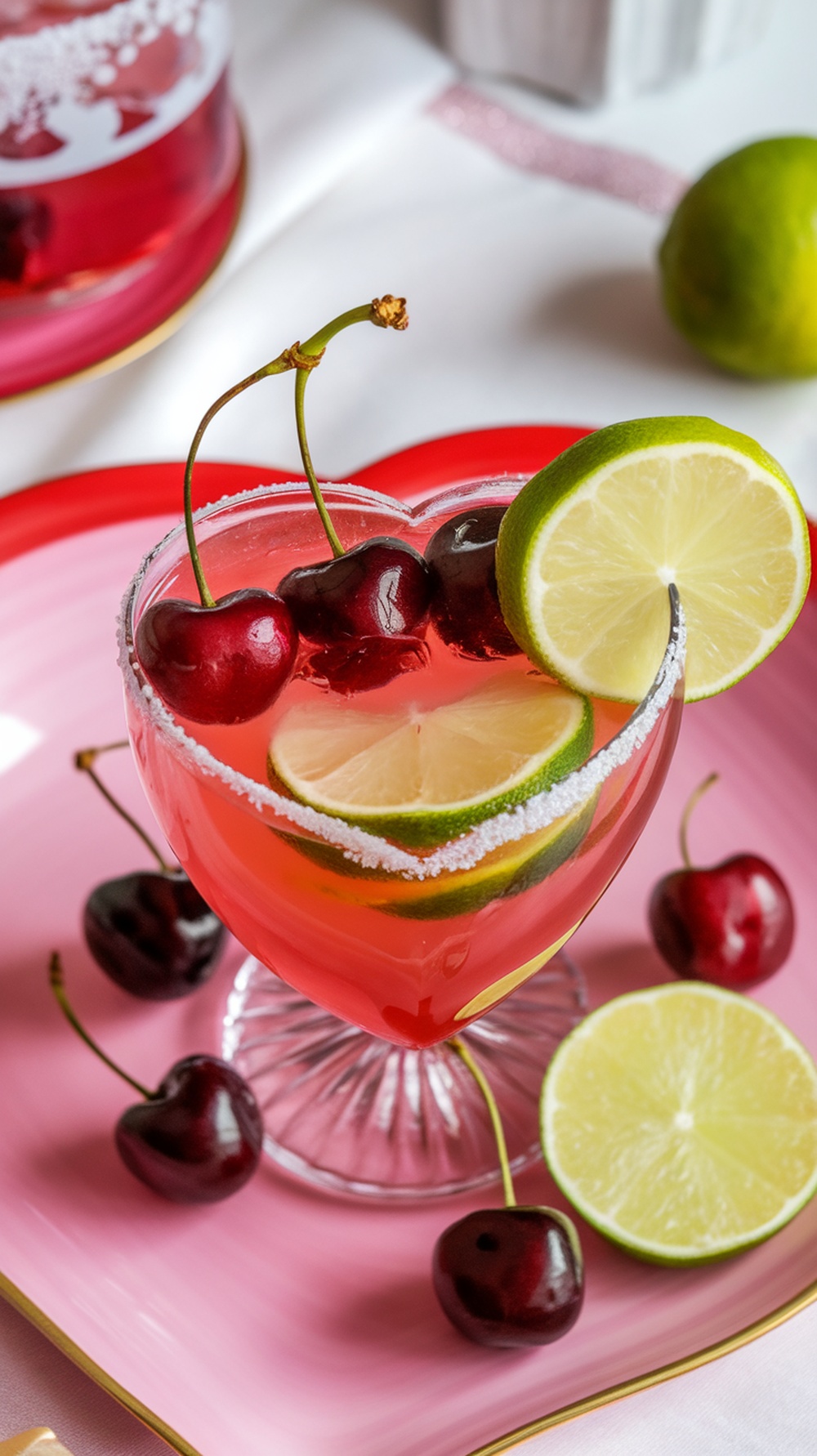 A heart-shaped glass filled with a cherry lime mocktail, garnished with cherries and lime slices.