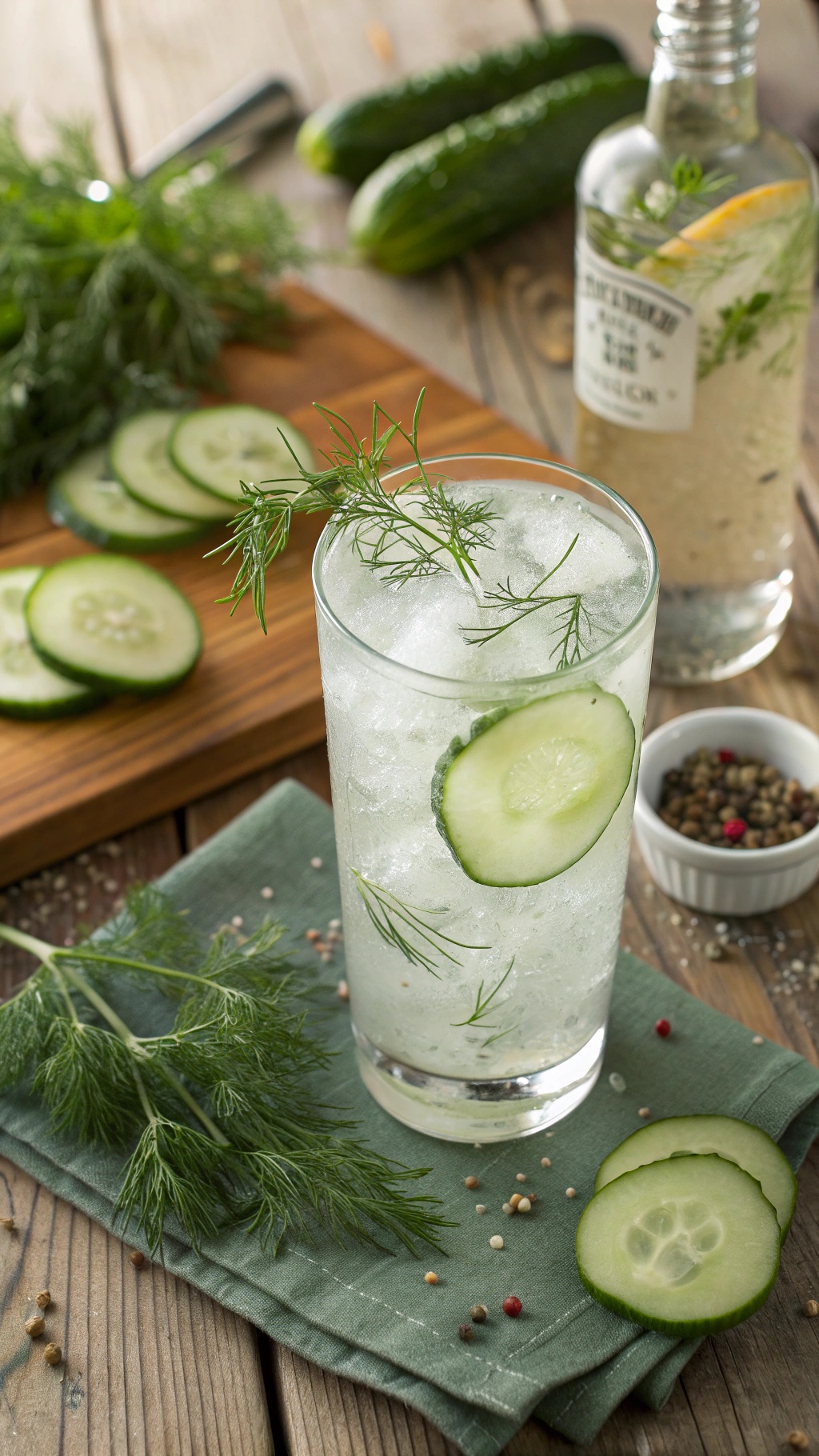 A refreshing Dill & Cucumber Garden Mocktail with cucumber slices and dill on a wooden table.