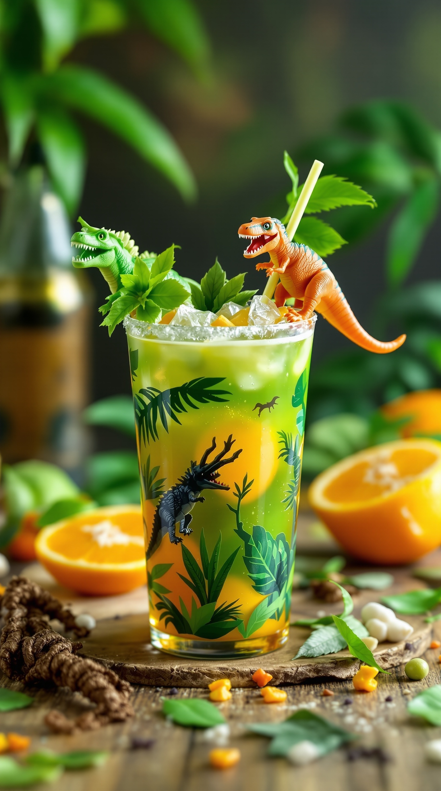 A colorful Dinosaur Jungle Juice Mocktail with toy dinosaurs and tropical decorations.
