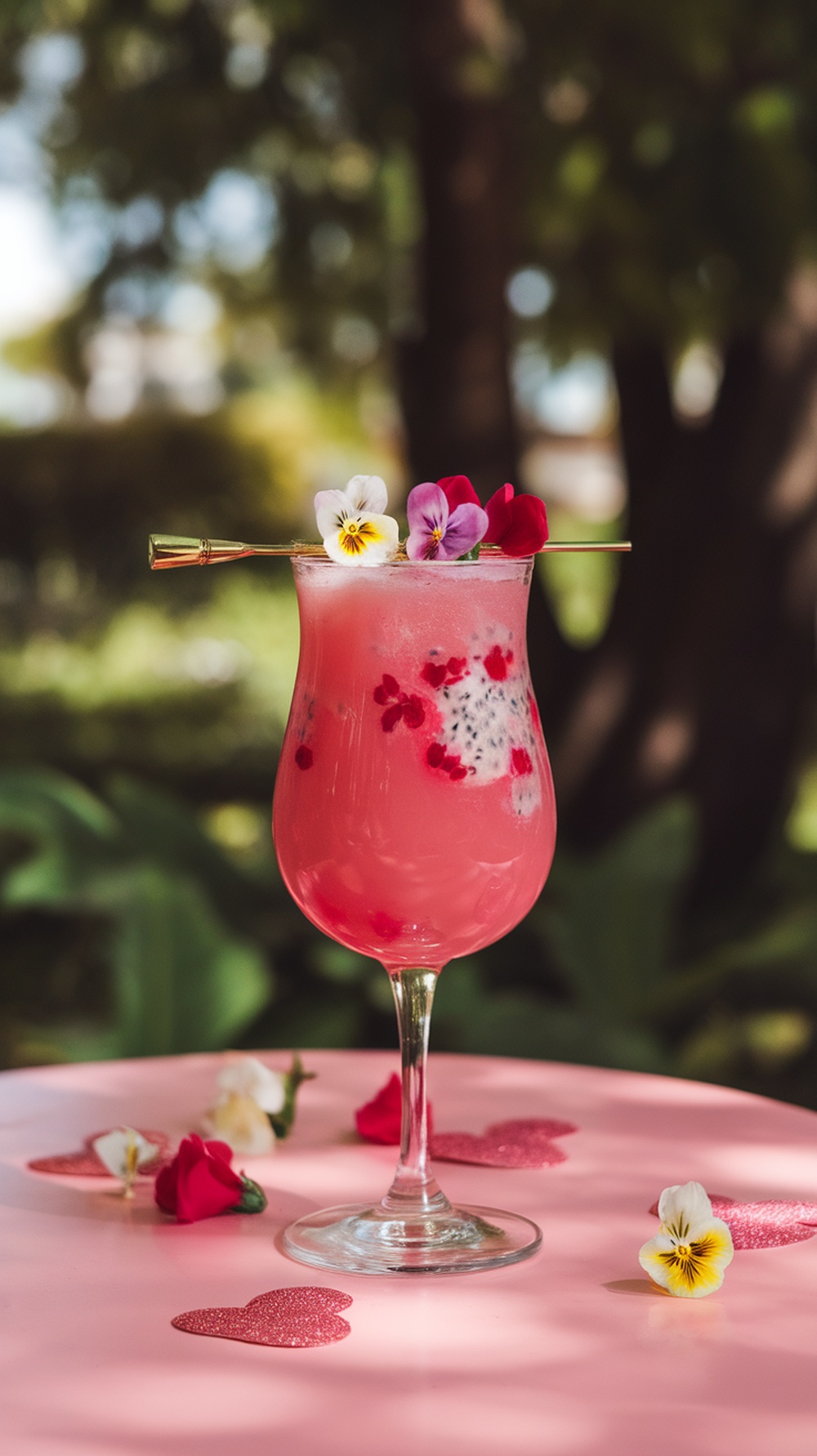 A colorful Dragon Fruit Galentine Glow Mocktail garnished with edible flowers.