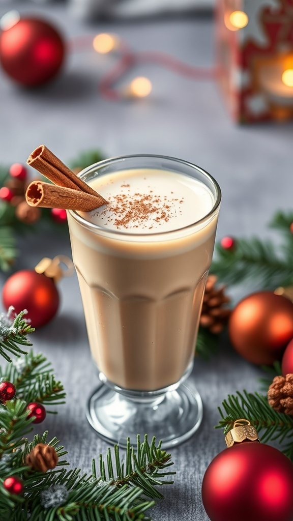 A glass of Eggnog Chai Mocktail garnished with cinnamon sticks, surrounded by Christmas decorations.