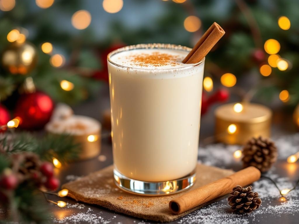 A festive eggnog mocktail garnished with a cinnamon stick and surrounded by Christmas decorations.