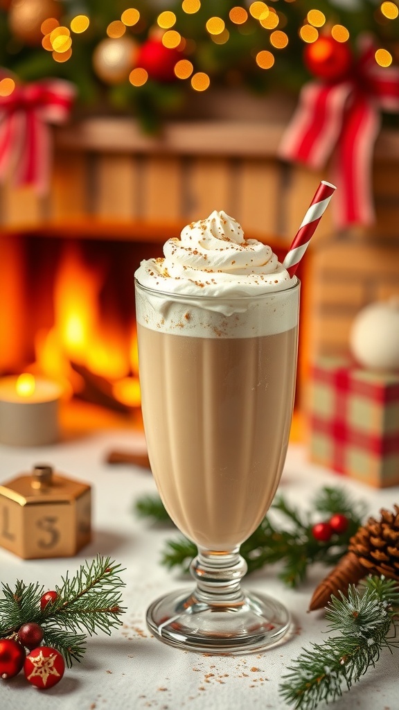 A festive Eggnog Spice Smoothie topped with whipped cream and a straw, surrounded by holiday decorations.