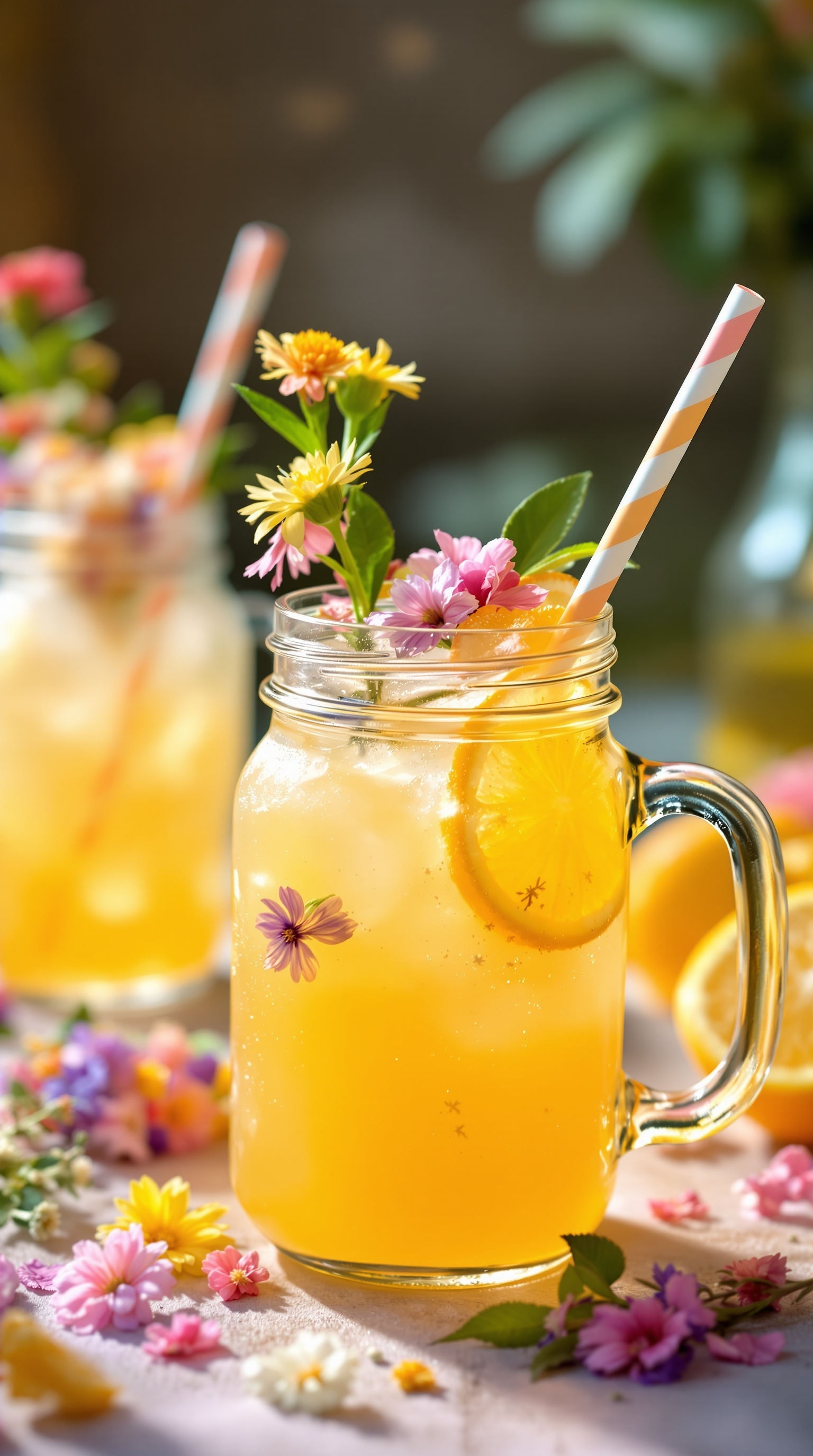 A colorful mocktail with flowers and citrus slices in a glass.