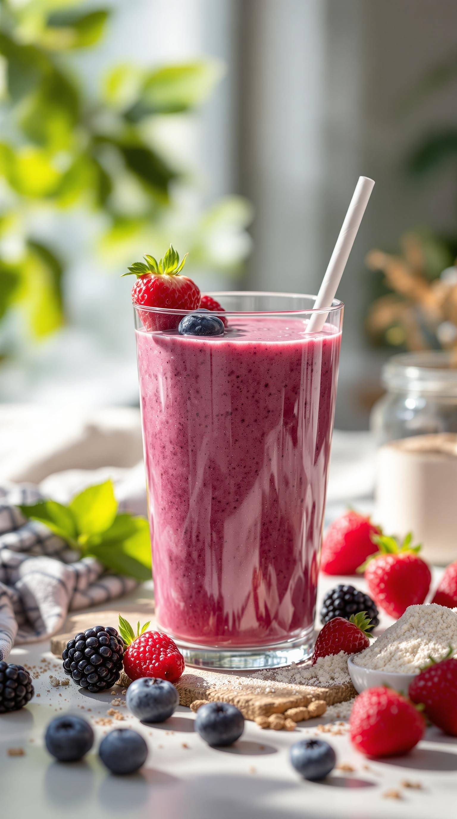 A refreshing berry protein smoothie with strawberries, blueberries, and blackberries.