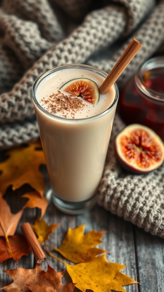 A creamy fig maple smoothie garnished with a fig slice and cinnamon stick, surrounded by autumn leaves.