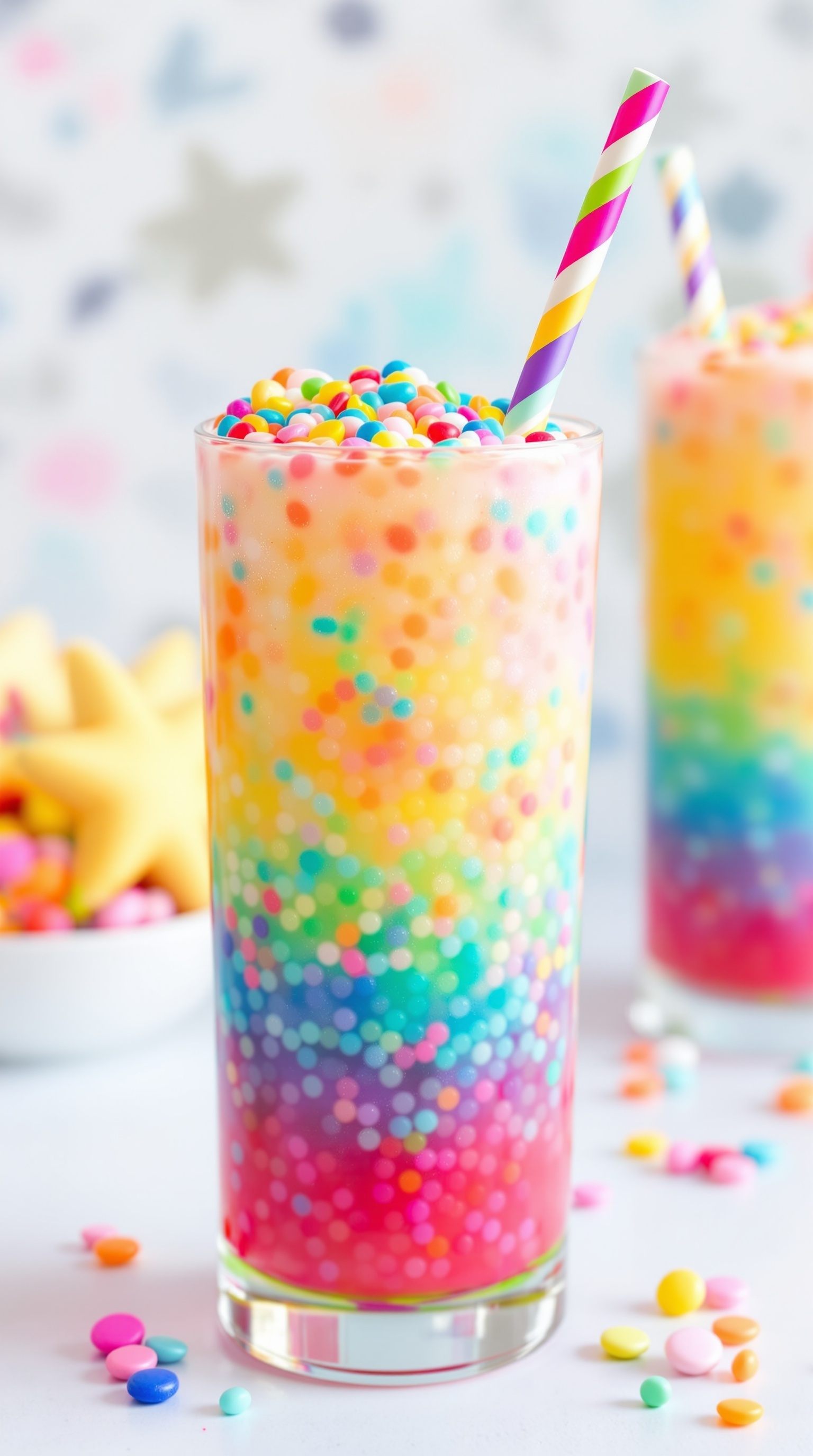 A colorful fizzy mocktail with rainbow layers and sprinkles on top.