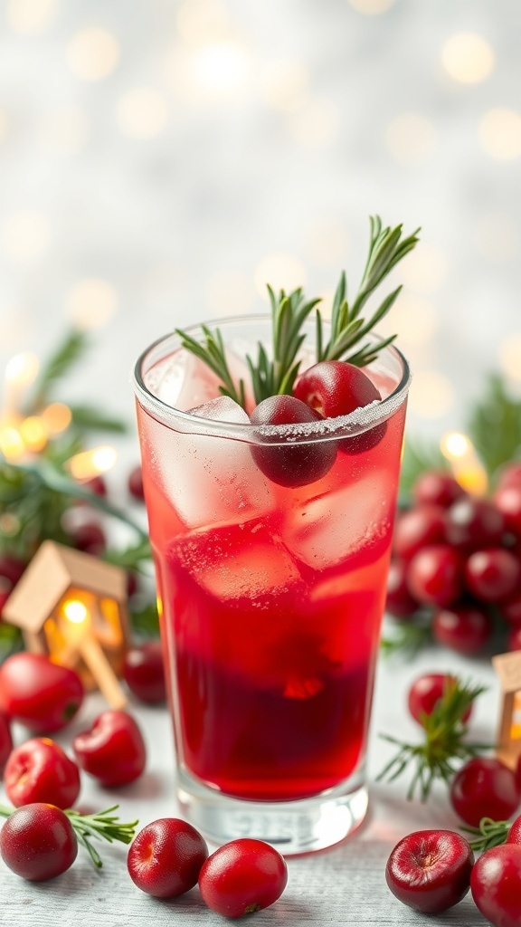 A frosted cranberry mocktail garnished with cranberries and rosemary.