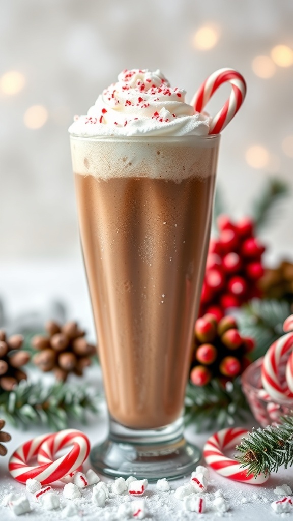 A frosted peppermint mocha smoothie topped with whipped cream and candy cane pieces.