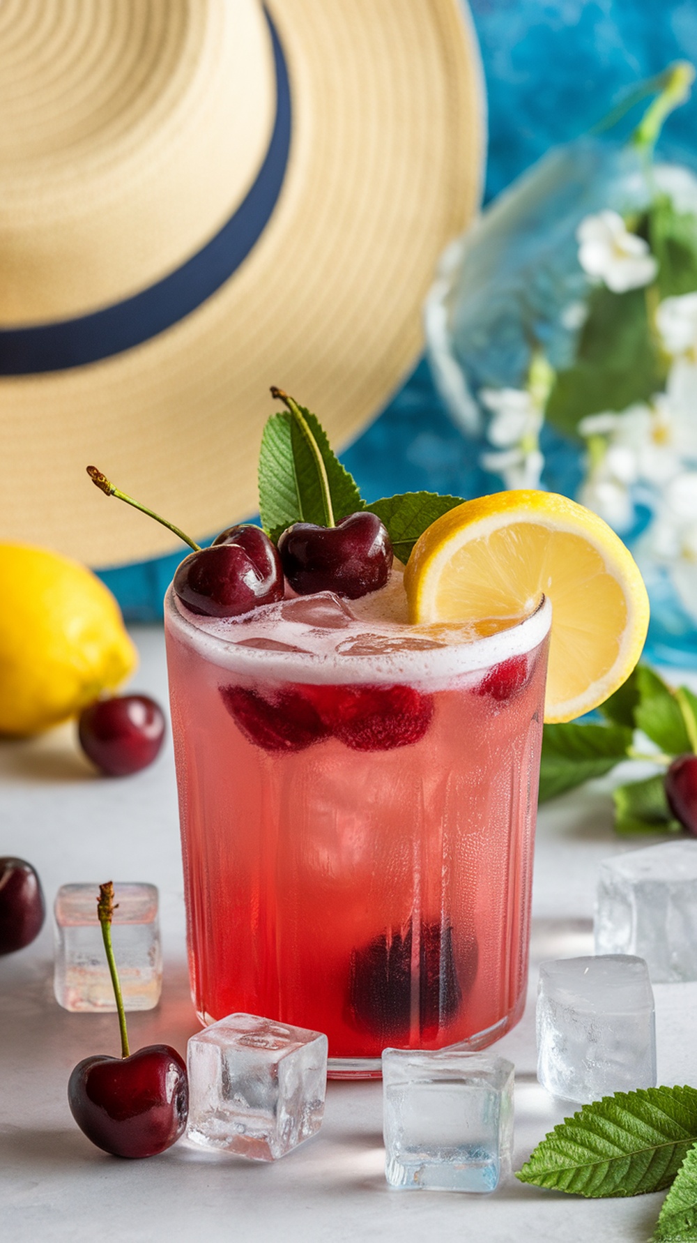 A vibrant frozen tart cherry lemonade mocktail garnished with cherries and lemon slices.