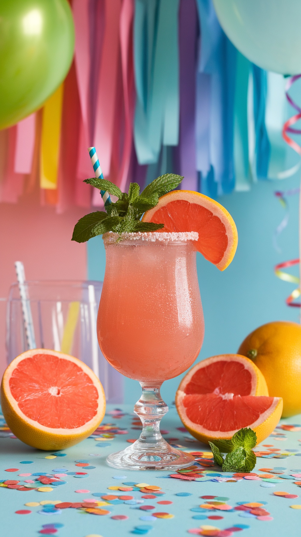 A vibrant grapefruit mocktail garnished with mint and a slice of grapefruit, surrounded by colorful confetti and balloons.