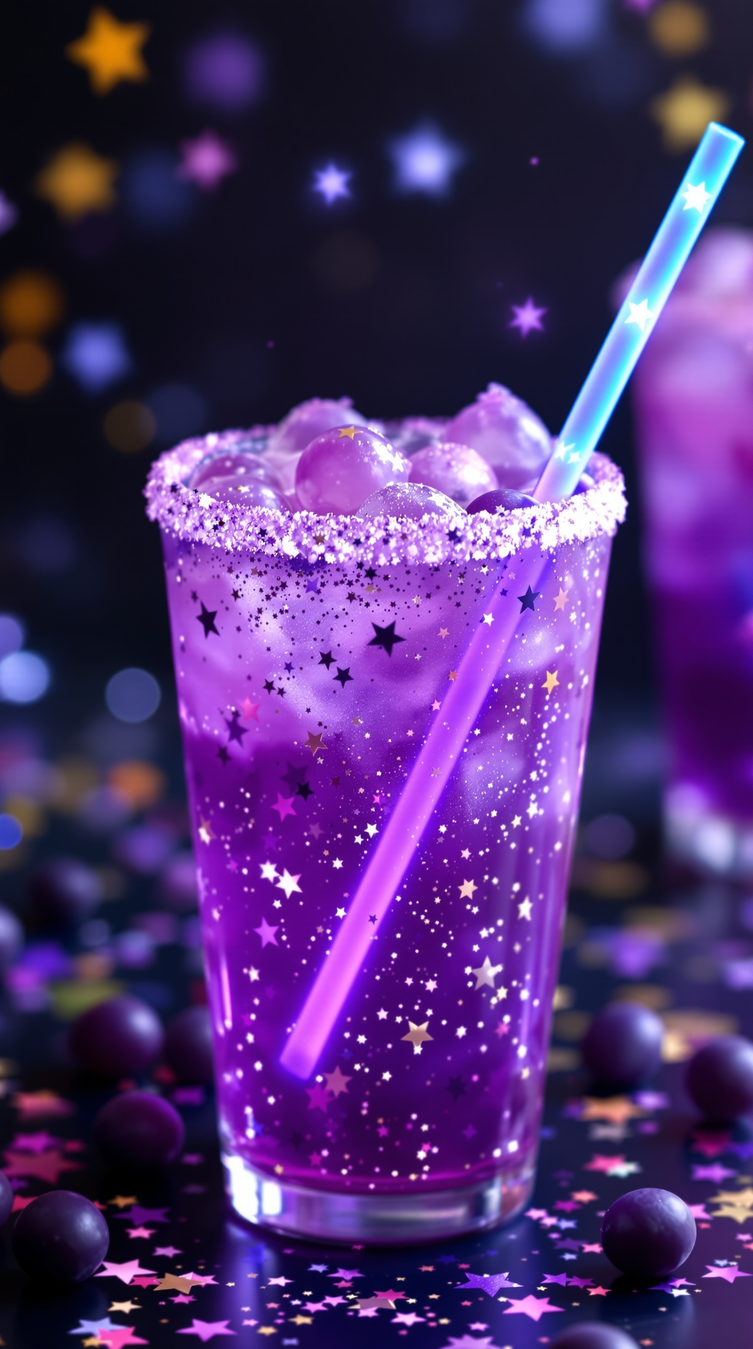 A colorful Galaxy Grape Fizz Mocktail with a starry design and a glowing straw.