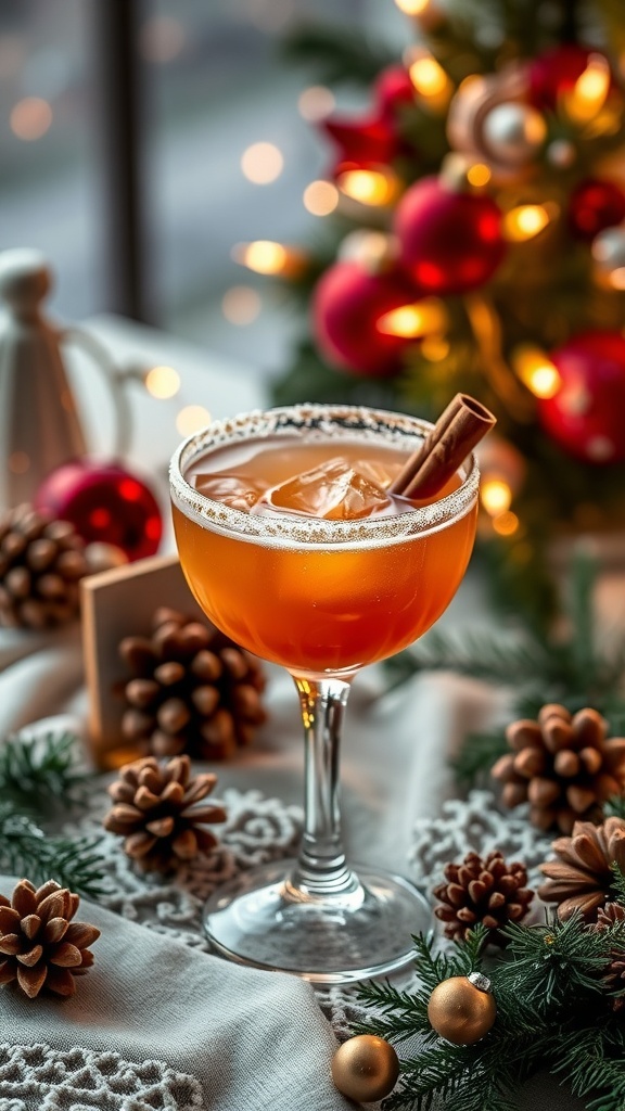 A festive Ginger Snap Mocktail garnished with a cinnamon stick, surrounded by holiday decorations.