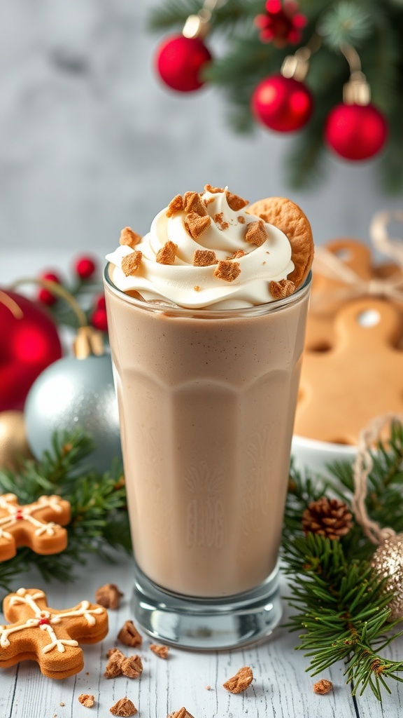 A festive gingerbread cookie crumble smoothie topped with whipped cream and cookie crumbles, surrounded by holiday decorations.
