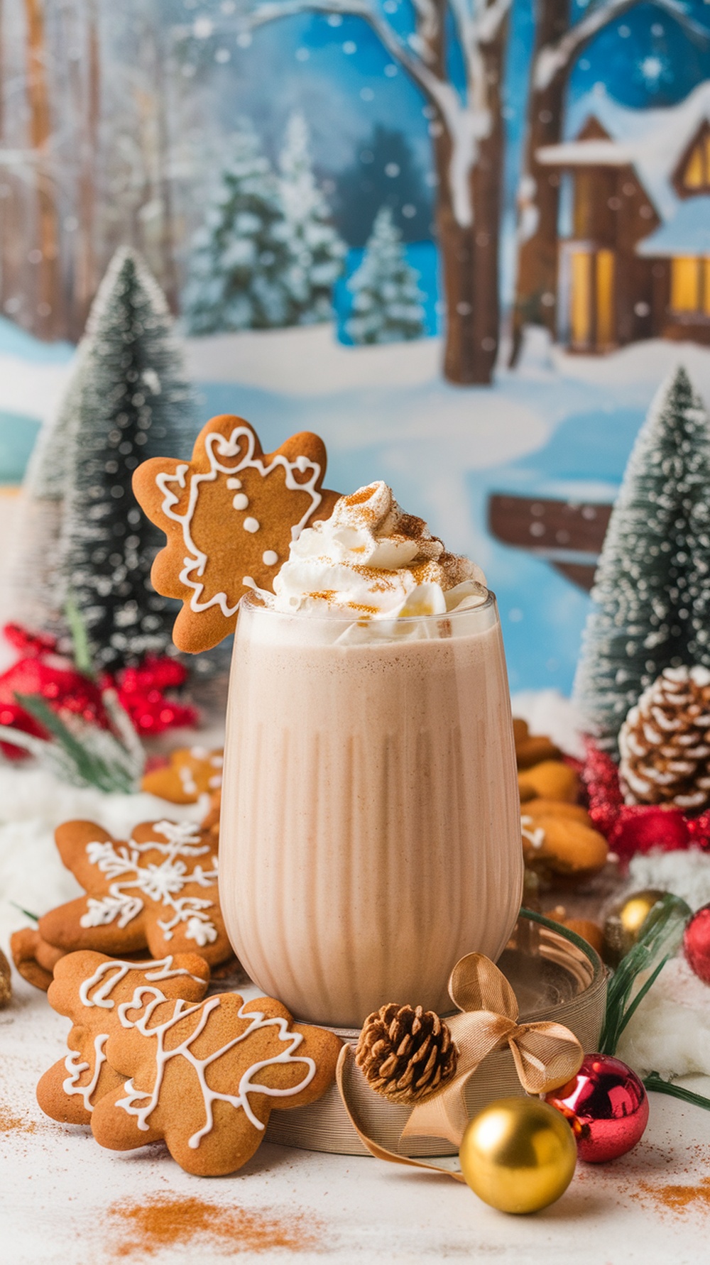 A delicious gingerbread cookie smoothie topped with whipped cream and a gingerbread cookie decoration, surrounded by festive decorations.