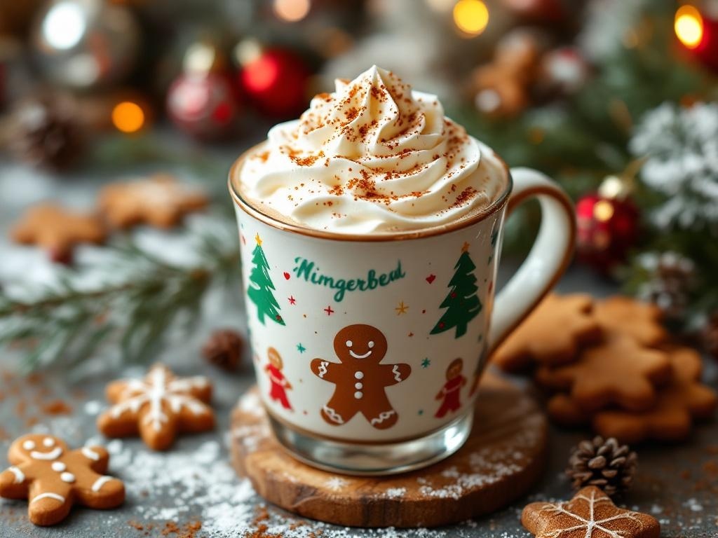 A festive gingerbread latte mocktail topped with whipped cream and surrounded by gingerbread cookies.